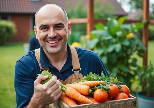 Gardener with bountiful vegetable harvest