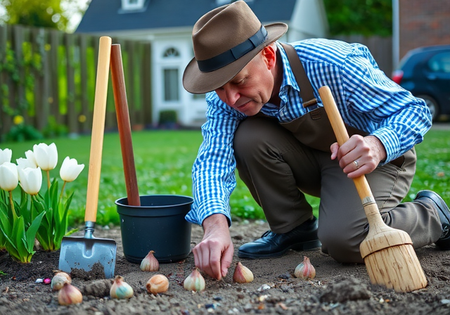 Elderly gardener planting bulbs
