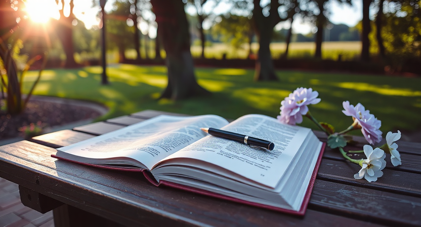 Peaceful garden scene with newsletter elements