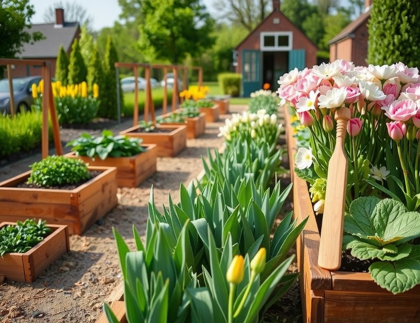 Beautiful seasonal Dutch garden with blooming flowers and vegetables